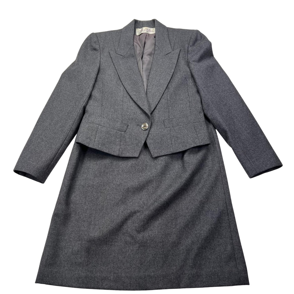 Nan Elliot Grey 100% Pure Wool Cropped Skirt Suit Set 80s VTG 10 Modern Small